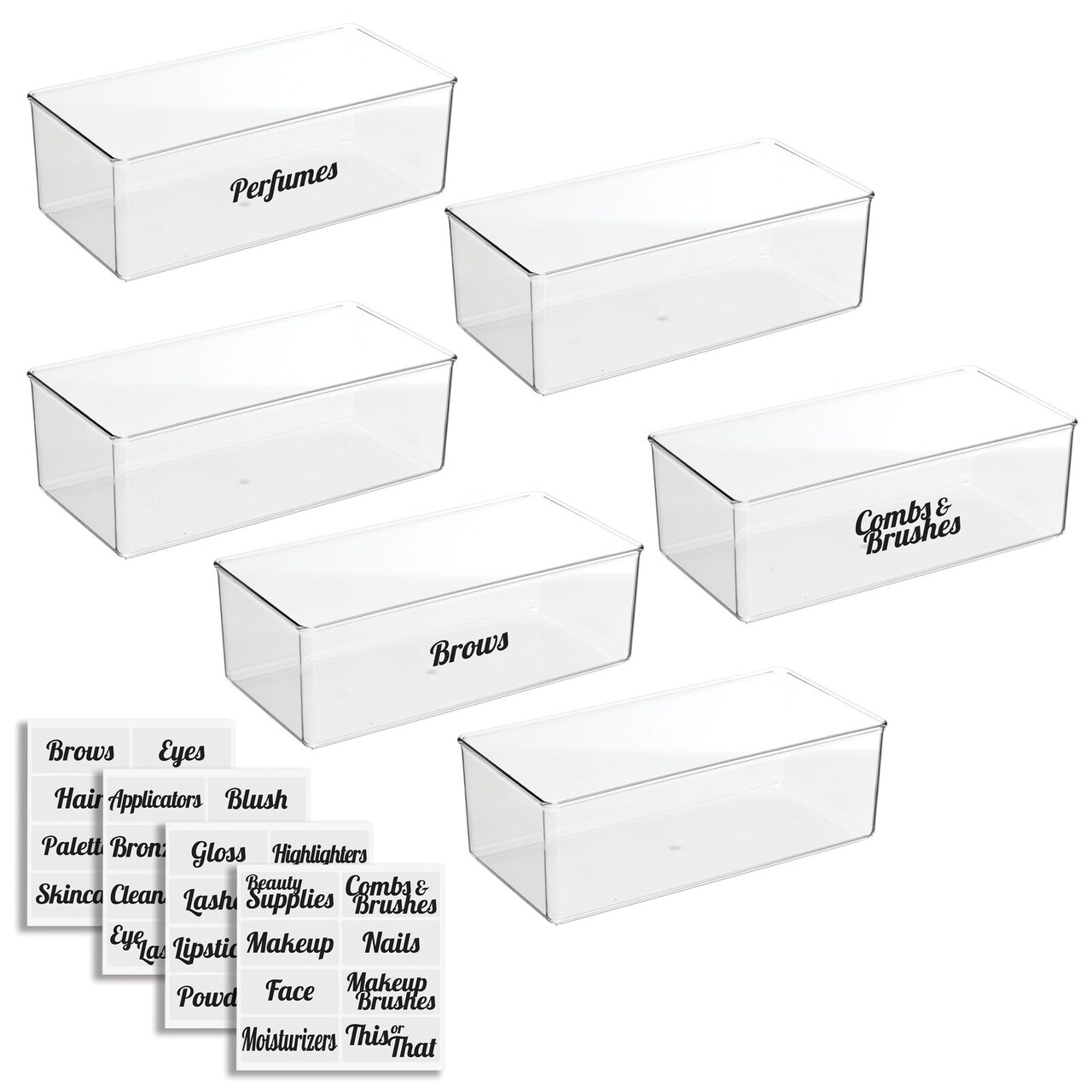 mDesign Stackable Plastic Bath Storage Organizer Box + 32 Labels - Clear